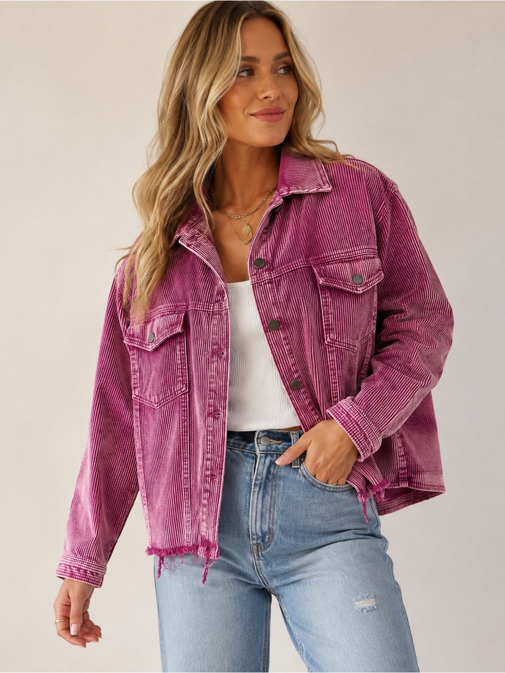 POL Pink Acid Wash Corduroy Shacket Jacket Medium Raw Hem Boho Western